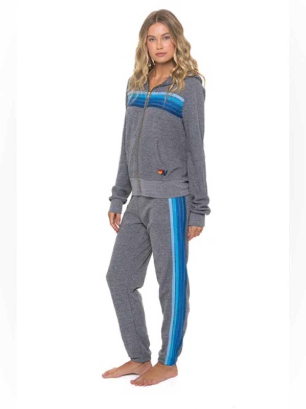 AVIATOR NATION Heather Gray Blue 5 Stripe Zip Up Hoodie Sweatpants Set
